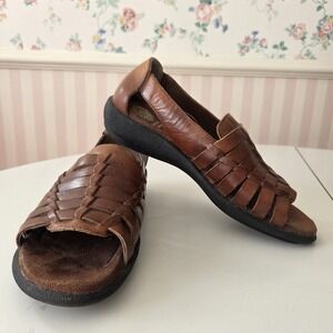 Vtg Y2K Earth Shoe Womens 10 Sandals Gelron 2000 Cherub Brown Leather Woven Shoe